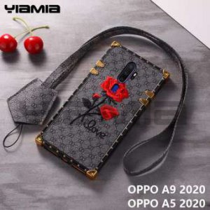Yiamia หรูหราเย็บปักถักร้อย 3D ดอกกุหลาบกรณีโทรศัพท์สำหรับ OPPO A5 2020 / OPPO A9 2020 ชุบชายแดนโลหะ rivet ซิลิโคนอ่อนนุ่มที่มีเชือกเส้นเล็กสแควร์โทรศัพท์ปก